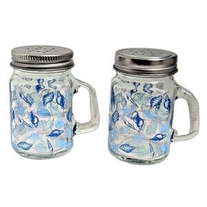 Seashells Glass Salt Pepper Shakers Stainless-Steel Lid Handle 3.5-in Blue NEW